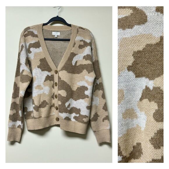 LUCKY BRAND Camo Cardigan in Natural Multi, Wool Blend, Sz L - Picture 2 of 12
